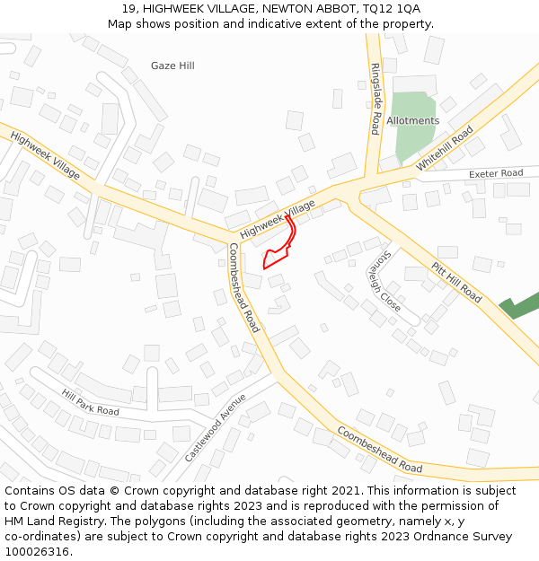 19, HIGHWEEK VILLAGE, NEWTON ABBOT, TQ12 1QA: Location map and indicative extent of plot