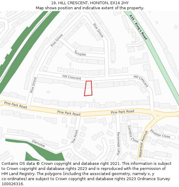 19, HILL CRESCENT, HONITON, EX14 2HY: Location map and indicative extent of plot