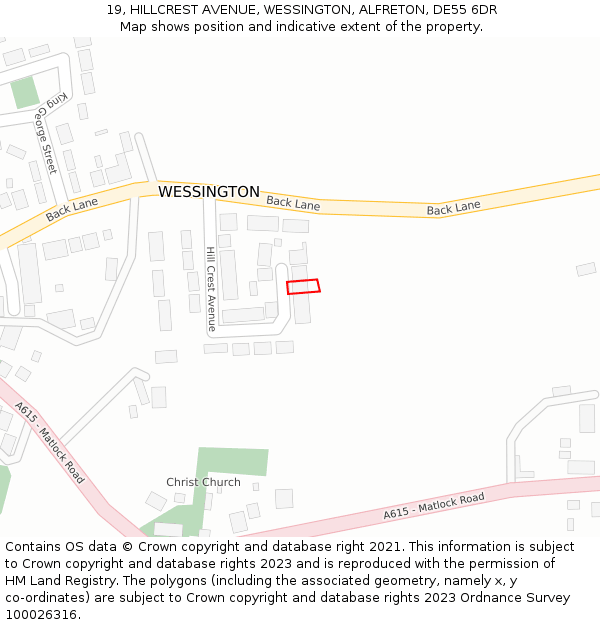 19, HILLCREST AVENUE, WESSINGTON, ALFRETON, DE55 6DR: Location map and indicative extent of plot