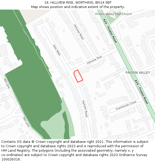 19, HILLVIEW RISE, WORTHING, BN14 0BT: Location map and indicative extent of plot