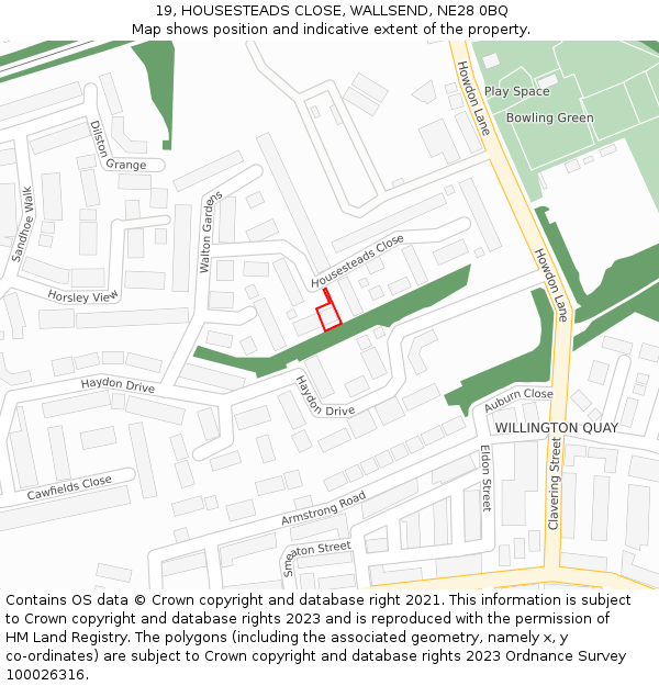 19, HOUSESTEADS CLOSE, WALLSEND, NE28 0BQ: Location map and indicative extent of plot