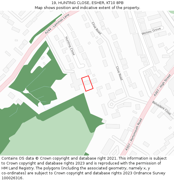 19, HUNTING CLOSE, ESHER, KT10 8PB: Location map and indicative extent of plot