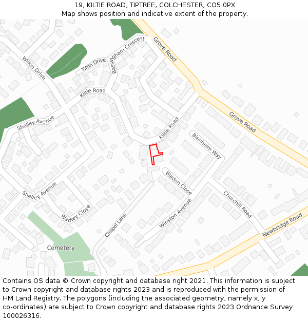 19, KILTIE ROAD, TIPTREE, COLCHESTER, CO5 0PX: Location map and indicative extent of plot