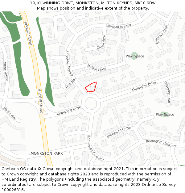 19, KILWINNING DRIVE, MONKSTON, MILTON KEYNES, MK10 9BW: Location map and indicative extent of plot