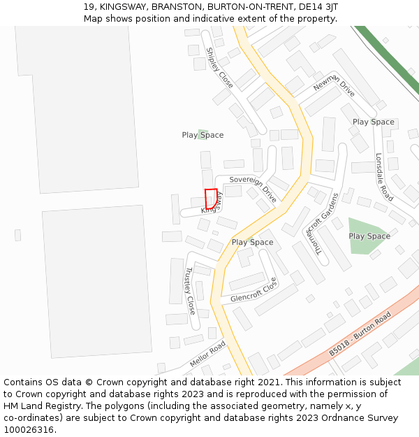 19, KINGSWAY, BRANSTON, BURTON-ON-TRENT, DE14 3JT: Location map and indicative extent of plot