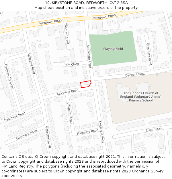 19, KIRKSTONE ROAD, BEDWORTH, CV12 8SA: Location map and indicative extent of plot