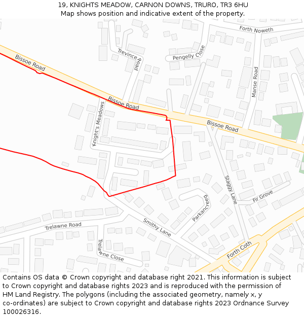 19, KNIGHTS MEADOW, CARNON DOWNS, TRURO, TR3 6HU: Location map and indicative extent of plot