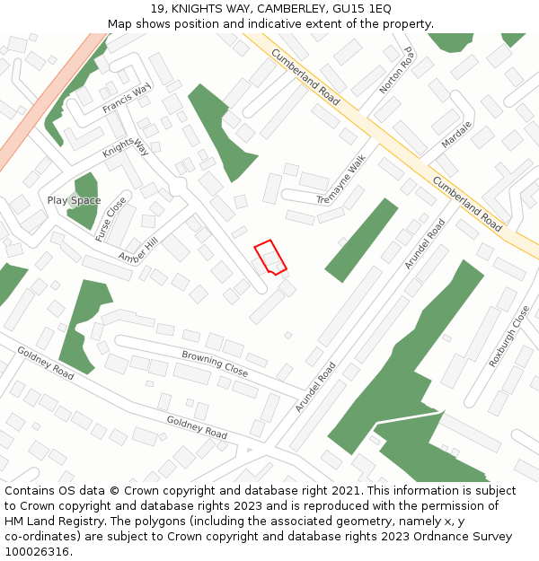 19, KNIGHTS WAY, CAMBERLEY, GU15 1EQ: Location map and indicative extent of plot