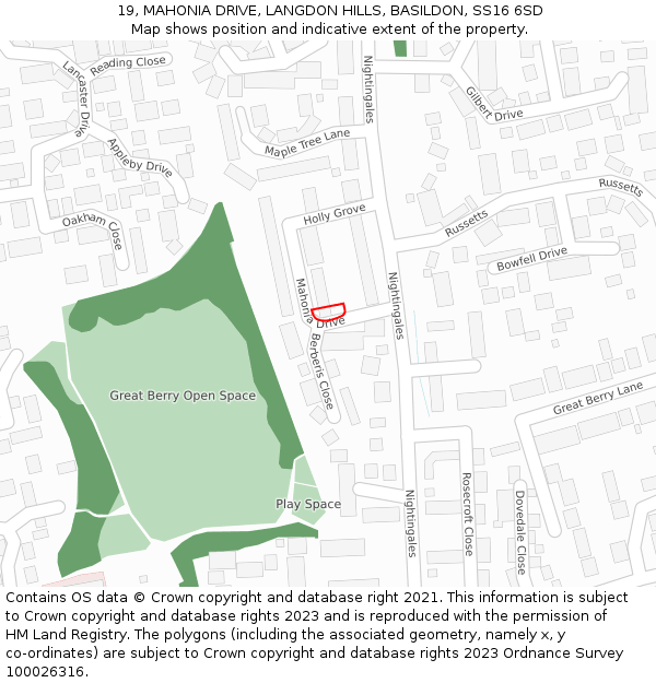 19, MAHONIA DRIVE, LANGDON HILLS, BASILDON, SS16 6SD: Location map and indicative extent of plot