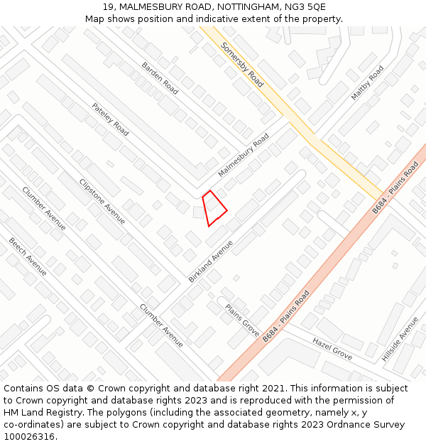 19, MALMESBURY ROAD, NOTTINGHAM, NG3 5QE: Location map and indicative extent of plot