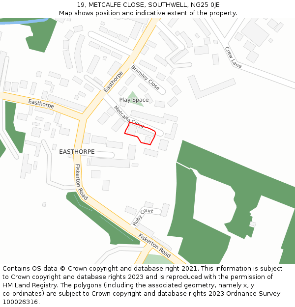 19, METCALFE CLOSE, SOUTHWELL, NG25 0JE: Location map and indicative extent of plot