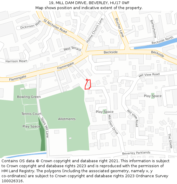 19, MILL DAM DRIVE, BEVERLEY, HU17 0WF: Location map and indicative extent of plot