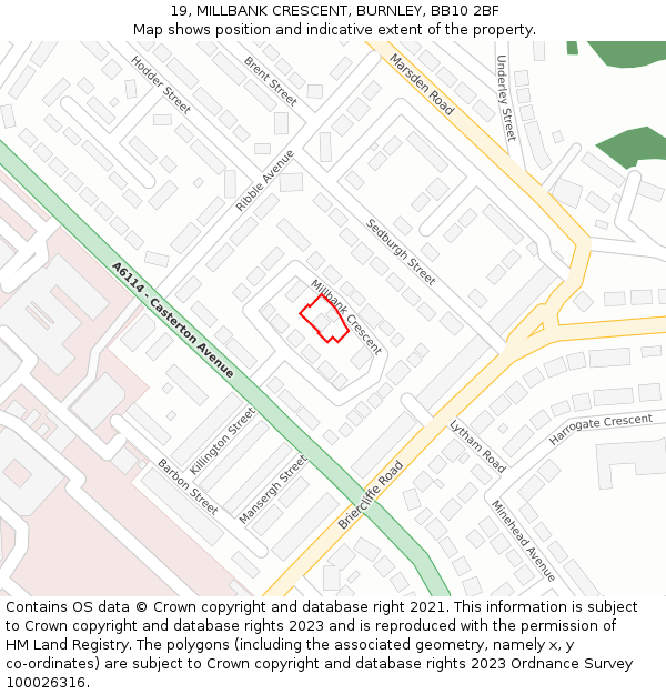 19, MILLBANK CRESCENT, BURNLEY, BB10 2BF: Location map and indicative extent of plot