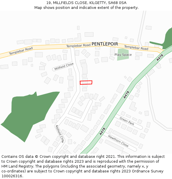 19, MILLFIELDS CLOSE, KILGETTY, SA68 0SA: Location map and indicative extent of plot