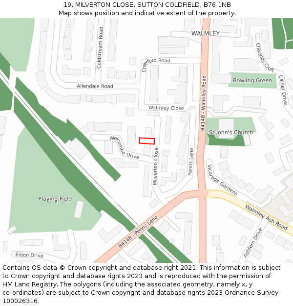 19, MILVERTON CLOSE, SUTTON COLDFIELD, B76 1NB: Location map and indicative extent of plot