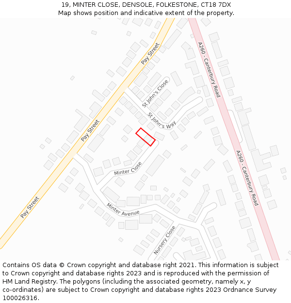 19, MINTER CLOSE, DENSOLE, FOLKESTONE, CT18 7DX: Location map and indicative extent of plot