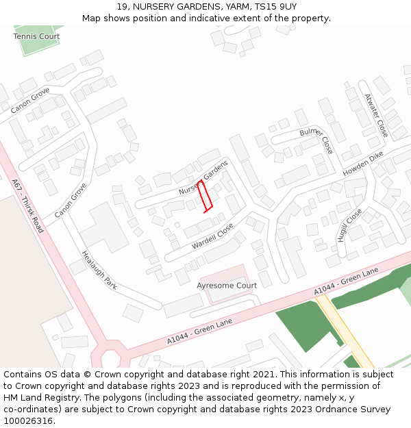 19, NURSERY GARDENS, YARM, TS15 9UY: Location map and indicative extent of plot