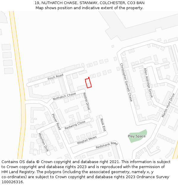 19, NUTHATCH CHASE, STANWAY, COLCHESTER, CO3 8AN: Location map and indicative extent of plot