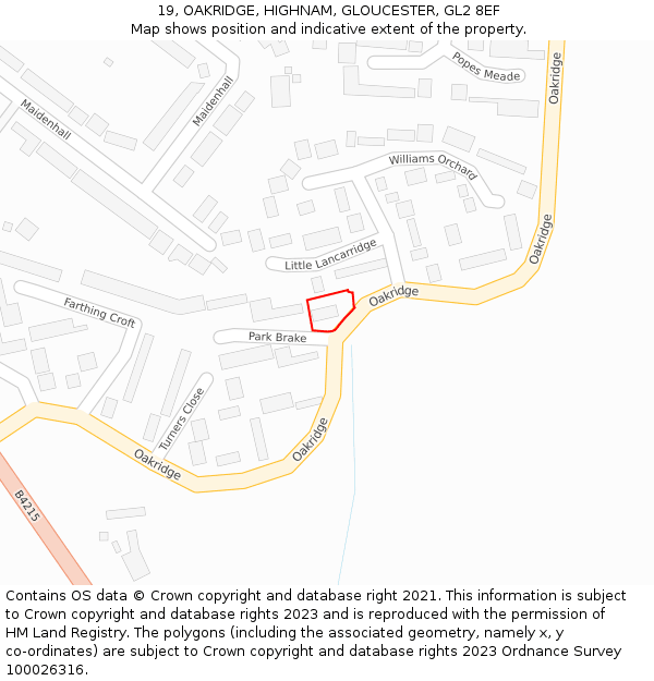 19, OAKRIDGE, HIGHNAM, GLOUCESTER, GL2 8EF: Location map and indicative extent of plot