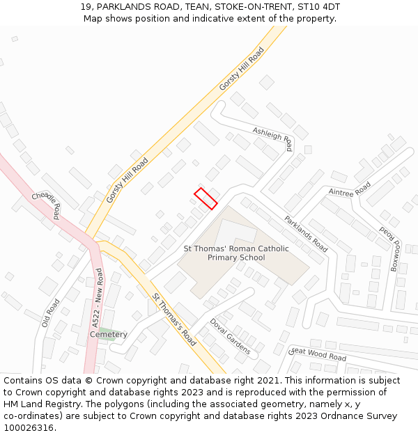 19, PARKLANDS ROAD, TEAN, STOKE-ON-TRENT, ST10 4DT: Location map and indicative extent of plot