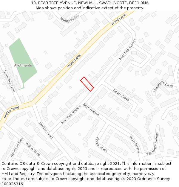 19, PEAR TREE AVENUE, NEWHALL, SWADLINCOTE, DE11 0NA: Location map and indicative extent of plot