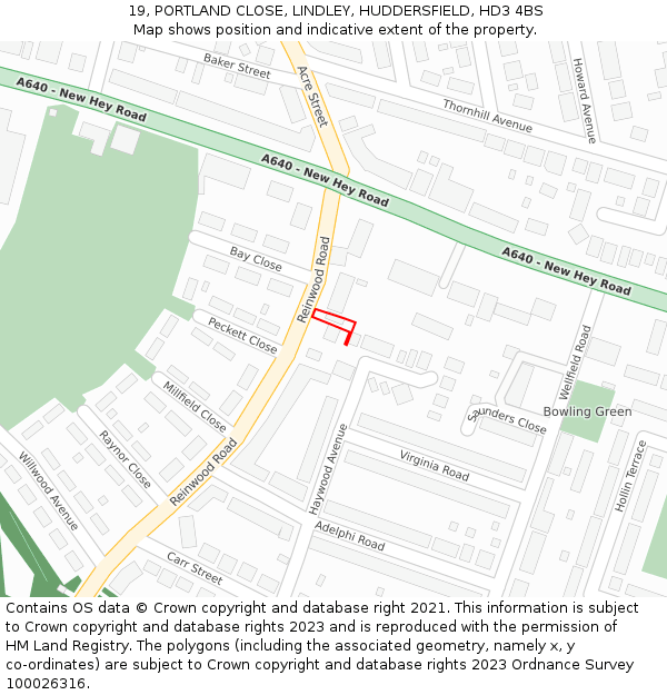 19, PORTLAND CLOSE, LINDLEY, HUDDERSFIELD, HD3 4BS: Location map and indicative extent of plot