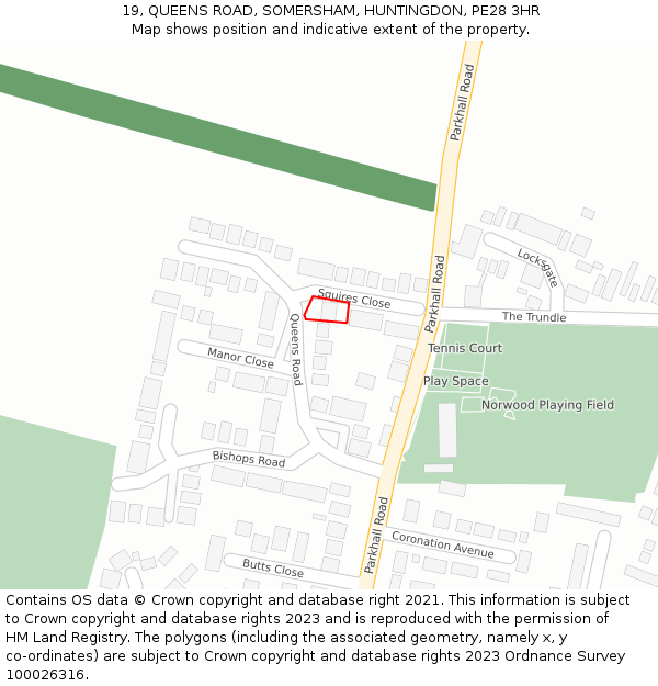 19, QUEENS ROAD, SOMERSHAM, HUNTINGDON, PE28 3HR: Location map and indicative extent of plot