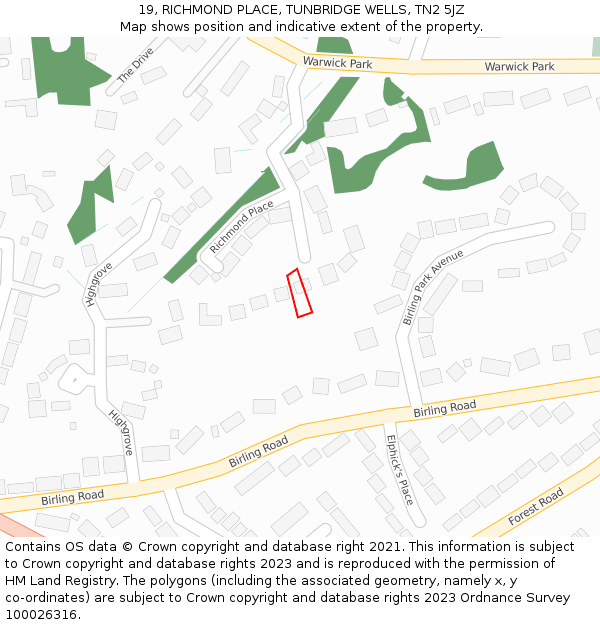 19, RICHMOND PLACE, TUNBRIDGE WELLS, TN2 5JZ: Location map and indicative extent of plot