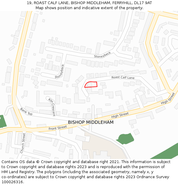 19, ROAST CALF LANE, BISHOP MIDDLEHAM, FERRYHILL, DL17 9AT: Location map and indicative extent of plot