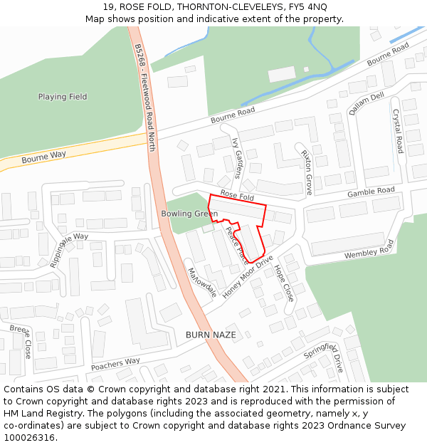 19, ROSE FOLD, THORNTON-CLEVELEYS, FY5 4NQ: Location map and indicative extent of plot