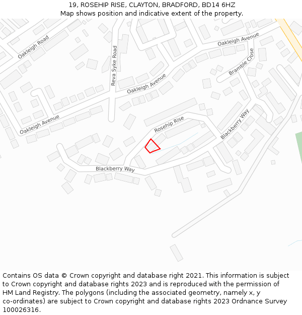 19, ROSEHIP RISE, CLAYTON, BRADFORD, BD14 6HZ: Location map and indicative extent of plot