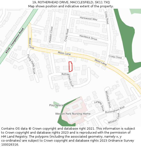 19, ROTHERHEAD DRIVE, MACCLESFIELD, SK11 7XQ: Location map and indicative extent of plot