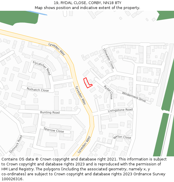 19, RYDAL CLOSE, CORBY, NN18 8TY: Location map and indicative extent of plot