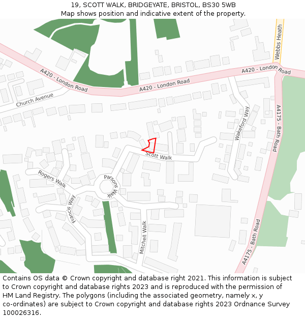 19, SCOTT WALK, BRIDGEYATE, BRISTOL, BS30 5WB: Location map and indicative extent of plot