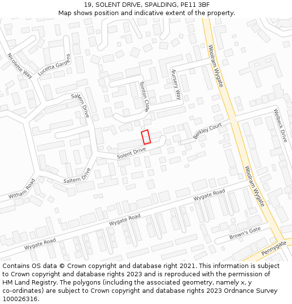 19, SOLENT DRIVE, SPALDING, PE11 3BF: Location map and indicative extent of plot