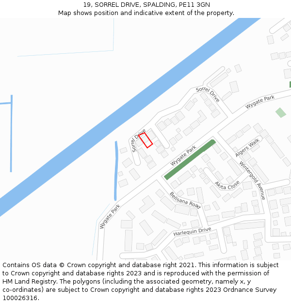 19, SORREL DRIVE, SPALDING, PE11 3GN: Location map and indicative extent of plot