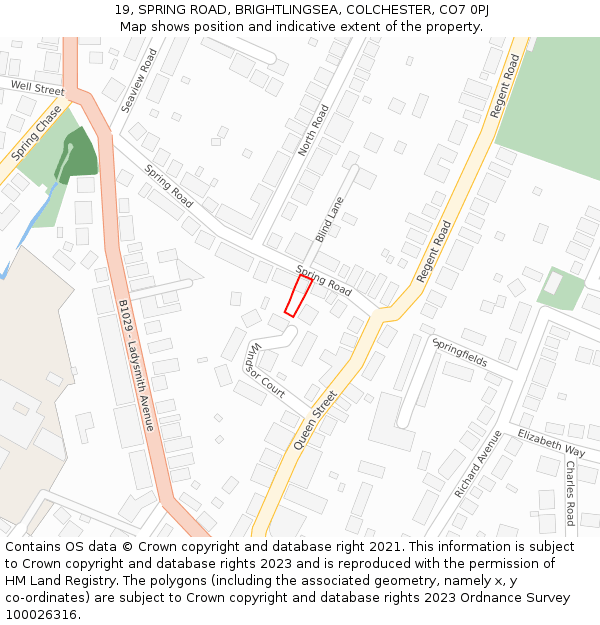 19, SPRING ROAD, BRIGHTLINGSEA, COLCHESTER, CO7 0PJ: Location map and indicative extent of plot