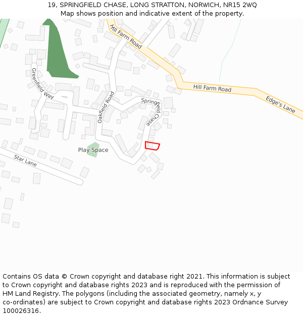 19, SPRINGFIELD CHASE, LONG STRATTON, NORWICH, NR15 2WQ: Location map and indicative extent of plot