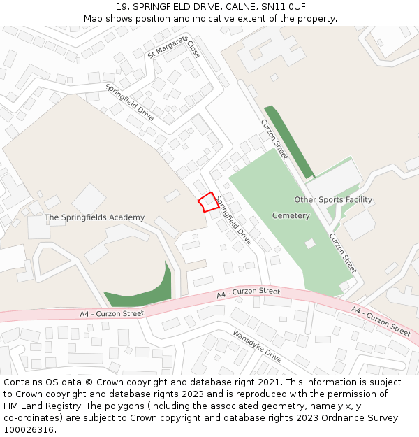 19, SPRINGFIELD DRIVE, CALNE, SN11 0UF: Location map and indicative extent of plot