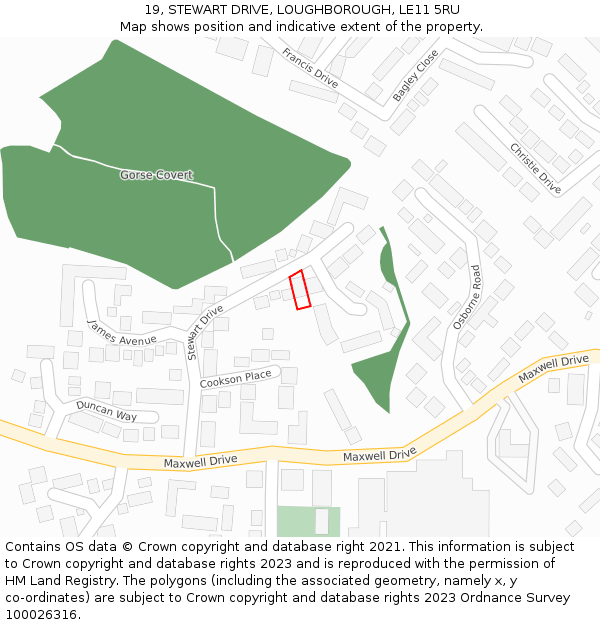 19, STEWART DRIVE, LOUGHBOROUGH, LE11 5RU: Location map and indicative extent of plot