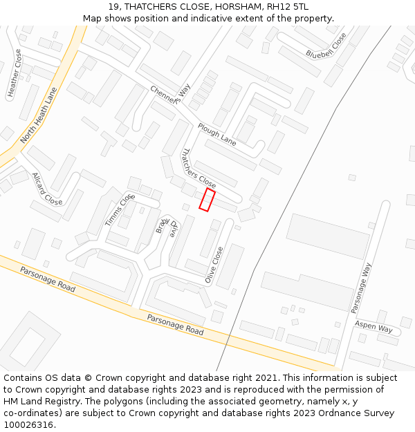 19, THATCHERS CLOSE, HORSHAM, RH12 5TL: Location map and indicative extent of plot