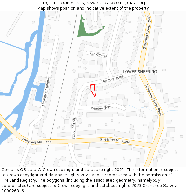 19, THE FOUR ACRES, SAWBRIDGEWORTH, CM21 9LJ: Location map and indicative extent of plot