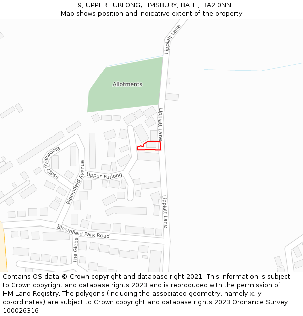 19, UPPER FURLONG, TIMSBURY, BATH, BA2 0NN: Location map and indicative extent of plot