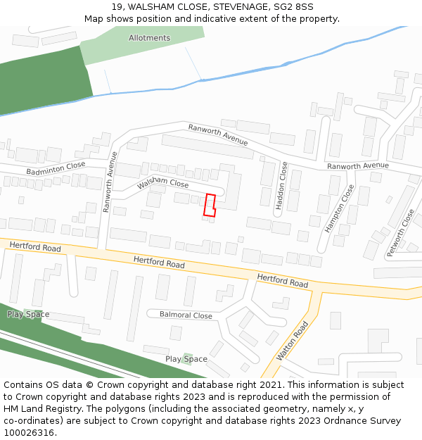 19, WALSHAM CLOSE, STEVENAGE, SG2 8SS: Location map and indicative extent of plot