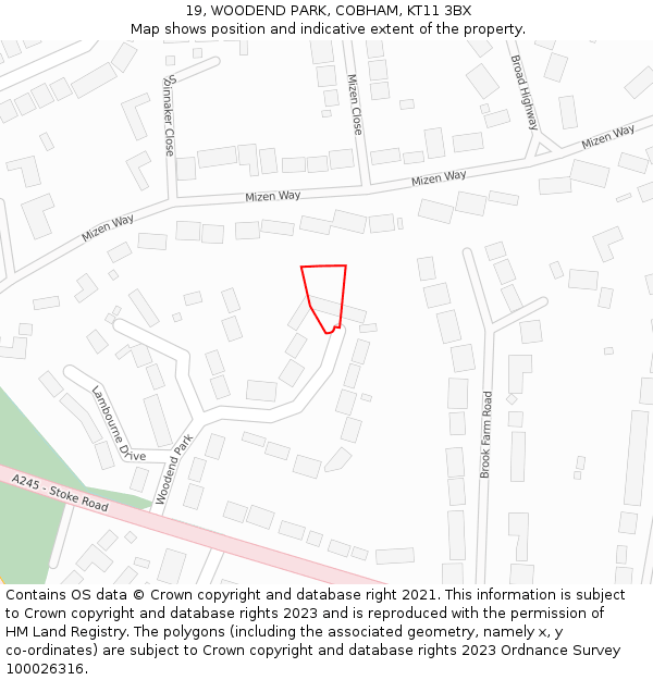 19, WOODEND PARK, COBHAM, KT11 3BX: Location map and indicative extent of plot