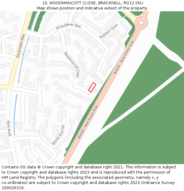 19, WOODMANCOTT CLOSE, BRACKNELL, RG12 0XU: Location map and indicative extent of plot