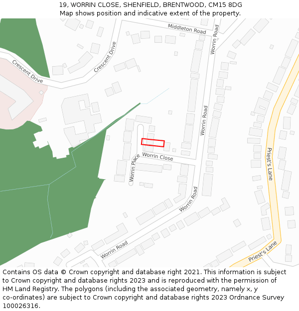 19, WORRIN CLOSE, SHENFIELD, BRENTWOOD, CM15 8DG: Location map and indicative extent of plot