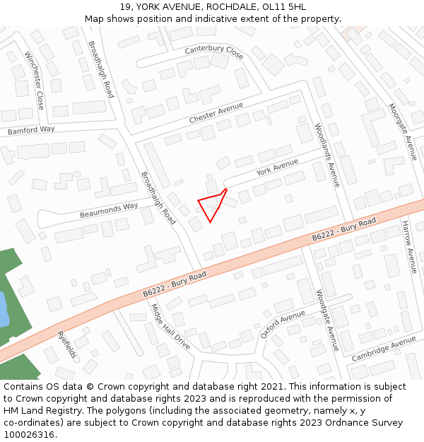 19, YORK AVENUE, ROCHDALE, OL11 5HL: Location map and indicative extent of plot