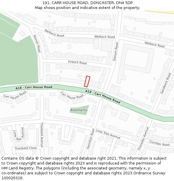 191, CARR HOUSE ROAD, DONCASTER, DN4 5DP: Location map and indicative extent of plot