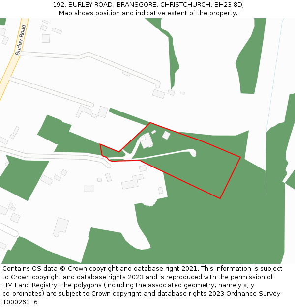 192, BURLEY ROAD, BRANSGORE, CHRISTCHURCH, BH23 8DJ: Location map and indicative extent of plot